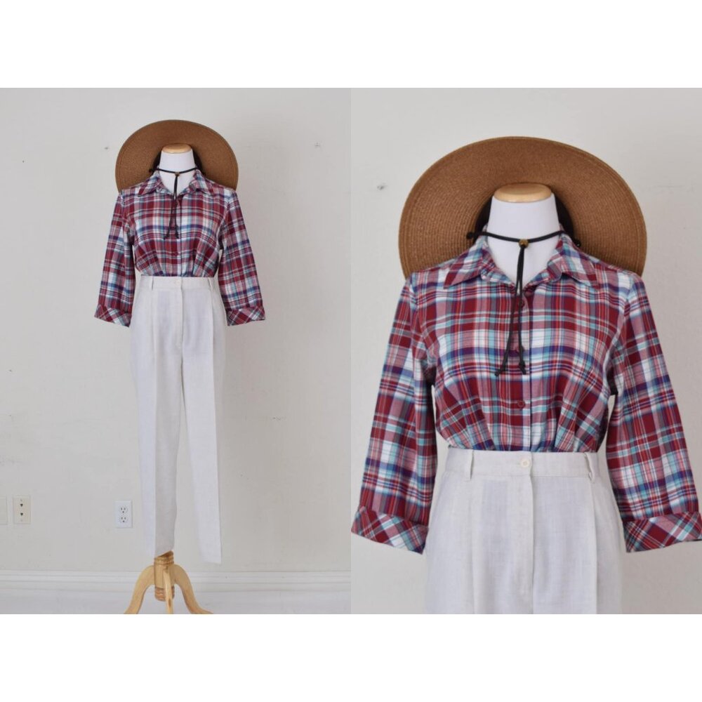 Vintage 90s Red Plaid‎ Button up Blouse by CHIC | size S